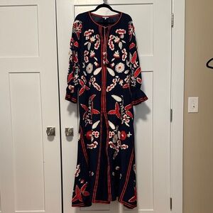 Frances Valentine Navy Dress with Red and White Embroidery